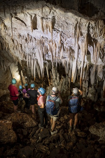 Visitors in a stalactite cave, tourists looking at stalactites in the Terciopelo Cave, Barra Honda