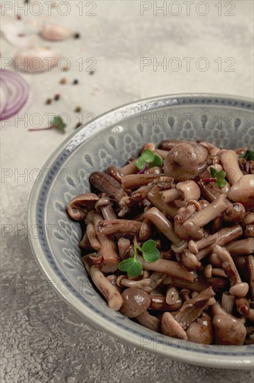 Pickled honey mushrooms, in a bowl, homemade, top view, no people