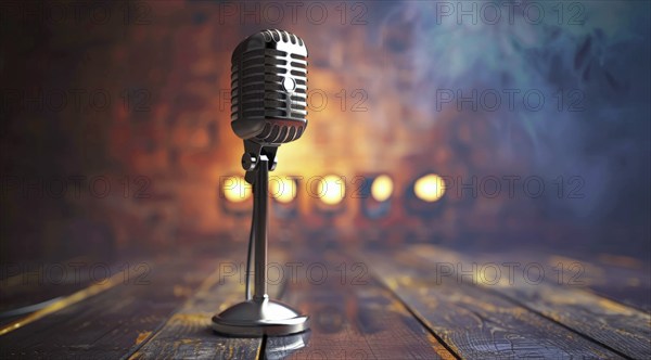 Microphone retro style, entertainment or rock concert. Concept of unique and lonely voice, AI