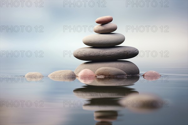 Stack of zen stones on water with a nature background. The image conveys a sense of balance,