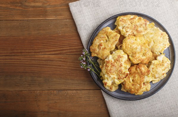 Minced chicken cutlets on brown wooden background. top view, flat lay, copy space