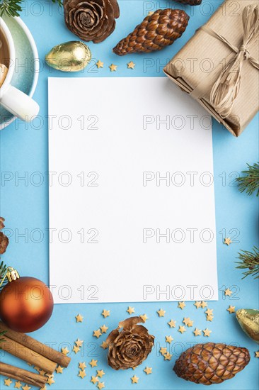 Christmas or New Year composition, template. Decorations, box, cinnamon, cones, fir and spruce