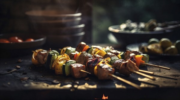 Fresh succulent vegetable and steak kebab on the flame grill, generative AI, AI generated