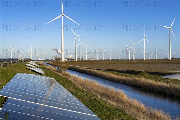 Solar park on the Slaperdijk dyke near the Eemshaven, test project, 17, 000 solar modules were