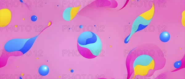 Abstract image with colorful yellow and turquoise blobs and liquid shapes on a pink background, AI