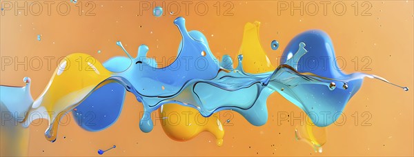 Abstract wallpaper with colorful turquoise and yellow blobs and liquid shapes on a orange