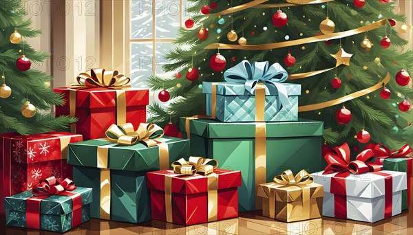 Abstract illustration of wrapped Christmas gifts, shiny ribbons and bows, stacked under a evergreen