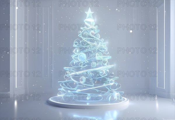 A three dimensional rendering of a futuristic Christmas tree made of glowing, semi-transparent