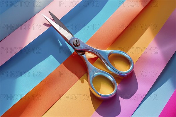 Scissors lying on colorful paper sheets. KI generiert, generiert, AI generated
