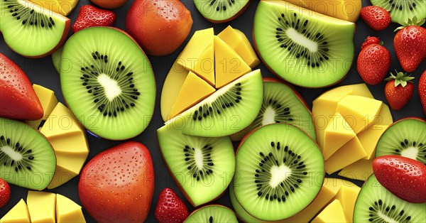 Colorful and artfully arranged slices of fruits like mangoes, strawberries, and kiwi, AI generated