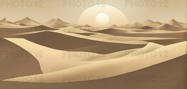 Abstract desert scene with triangular sand dunes and a single circular sun, using sharp lines and