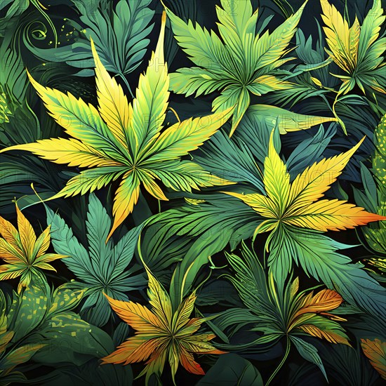 Abstract wallpaper highlighting stylized cannabis leaves in vibrant green and golden colors, AI