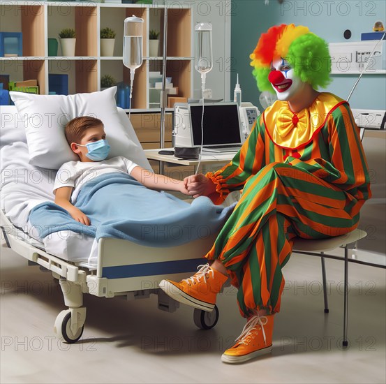 A clown, a clinic clown, in mask, red nose and costume with a sick child in the clinic, AI