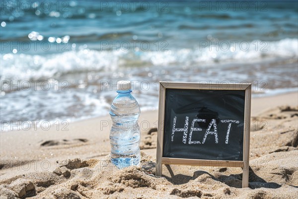 Water bottle next to chalkboard with text 'heat' at beach. KI generiert, generiert, AI generated