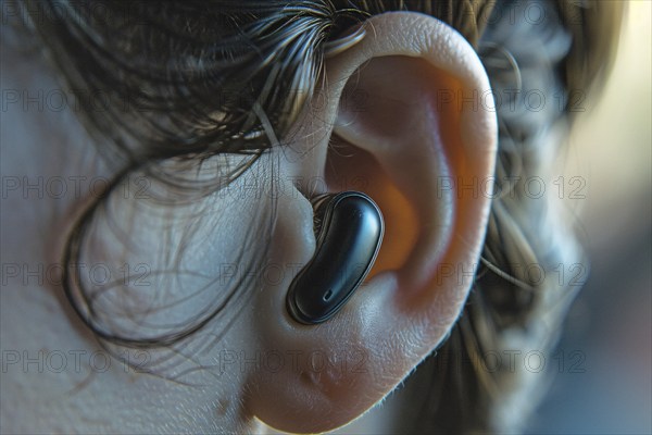 Small black hearing aid in person's ear. KI generiert, generiert, AI generated