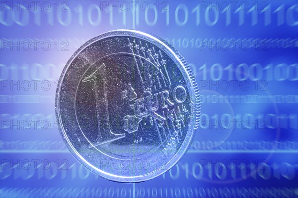 Symbolic image of the digital euro: one-euro coin against a virtual background