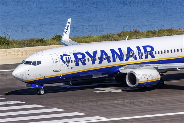 A Ryanair Boeing 737-800 aircraft with the registration SP-RSC at Corfu Airport, Greece, Europe
