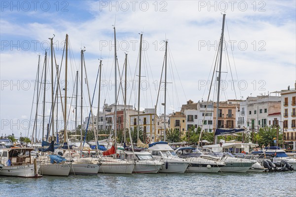 Sailing yachts anchored in the harbour of Eivissa, Ibiza Town, Ibiza, Balearic Islands,