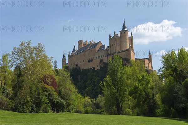 Medieval castle on a hill surrounded by dense green trees and a clear blue sky with white clouds,