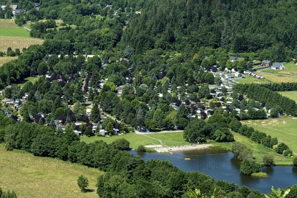 Scenic view of the Chambon Lake campsite in Auvergne Volcanoes Regional Natural Park, Puy-de-Dôme,