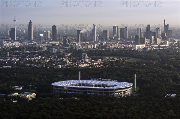 View of the Frankfurt skyline from the aeroplane, Commerzbank Arena in front, Hesse, Germany,