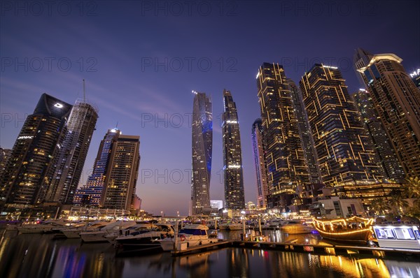 Night shot, Marina, Skyline, Cayan Tower, DAMAC Heights, Logo, Dubai Marina, Dubai, United Arab
