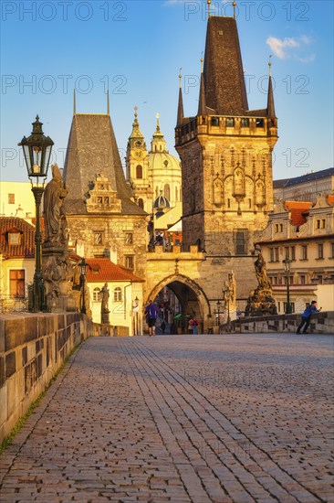 Lesser Town Bridge Tower in the early morning, Charles Bridge in Prague, Czech Republic, Europe