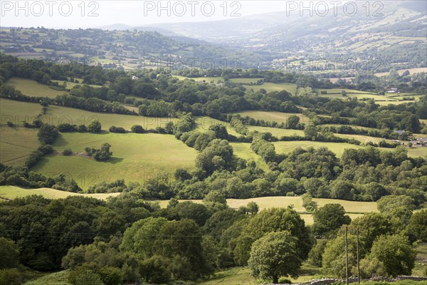 Usk valley landscape looking west from B4246 road, near Abergavenny, Monmouthshire, Wales, UK