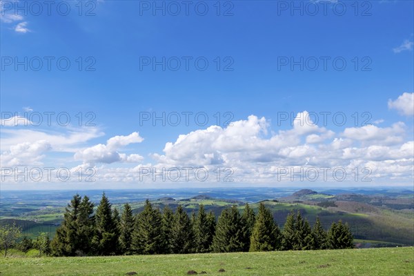 Wide green landscape with mountains and trees under a bright blue sky with white clouds, view from