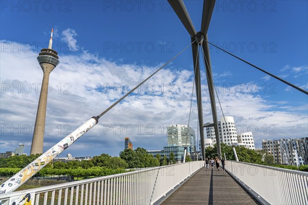 Pedestrian bridge over the Media Harbour, harbour entrance, Rhine near Düsseldorf, Rhineland, North