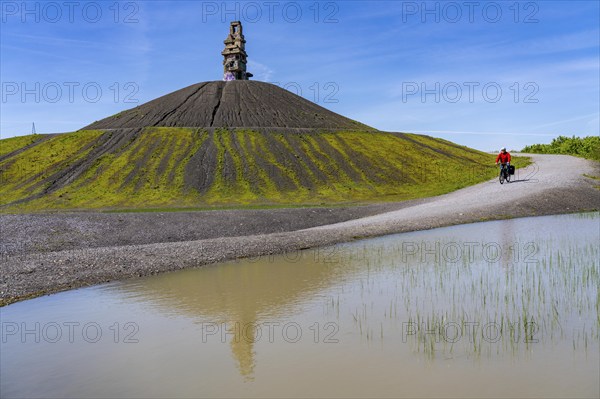 Cyclist on the Rheinelbe spoil tip in Gelsenkirchen, 100 metre high spoil tip, landscape park, with