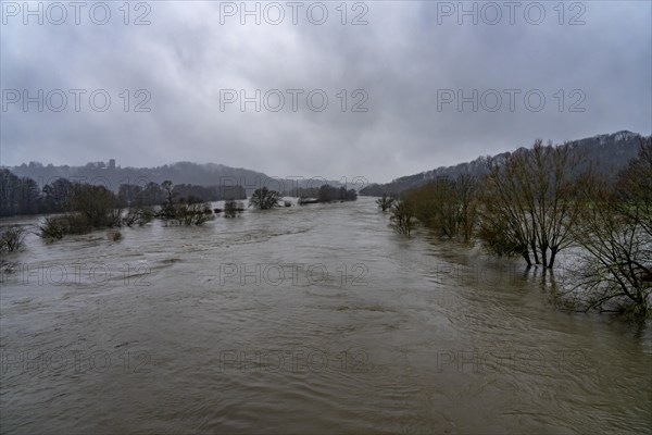 Floods on the Ruhr, here near Bochum-Stiepel, flooded Ruhr floodplains, after days of continuous