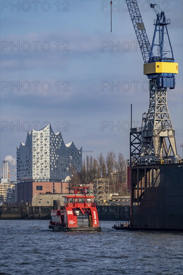 Hadag harbour ferry, on the Elbe, Elbe Philharmonic Hall, Blohm + Voss Dock 11, Hamburg, Germany,