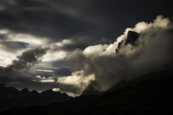 Montafon mountains with dramatic cloudy sky, Tschagguns, Rätikon, Montafon, Vorarlberg, Austria,