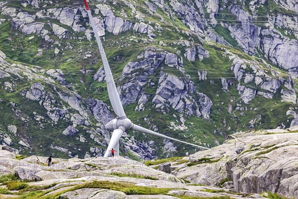 Gotthard Pass. Pass summit with wind turbine, wind power plant. Airolo, Canton Ticino, Switzerland,