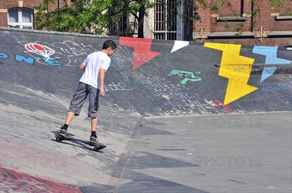 Boy with waveboard, skateboard track, Brussels, Belgium, Europe
