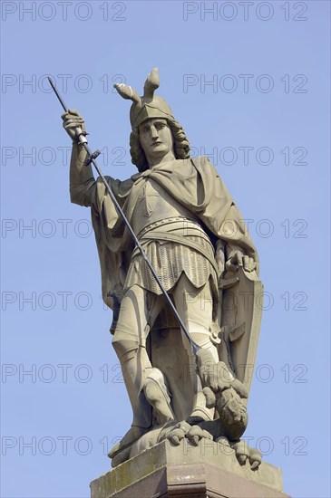 Statue of the town's patron saint St George on the market fountain, Bensheim, Hessische