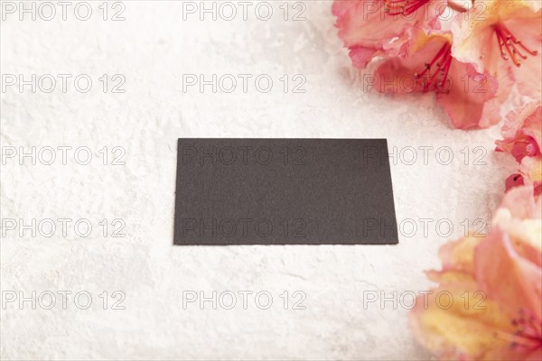 Black business card with pink azalea flowers on gray concrete background. side view, copy space,