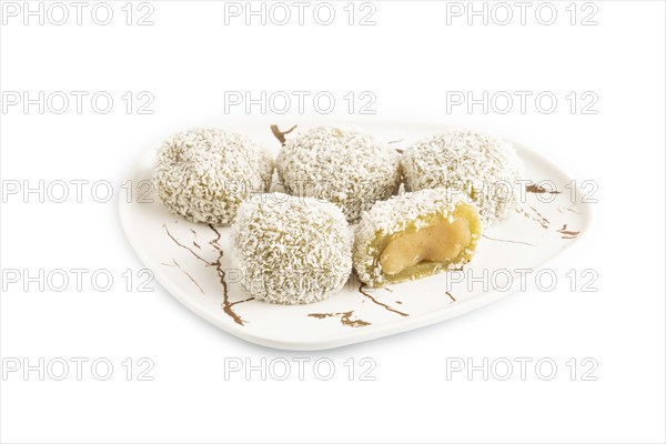 Japanese rice sweet buns mochi filled with pandan jam isolated on white background. side view,