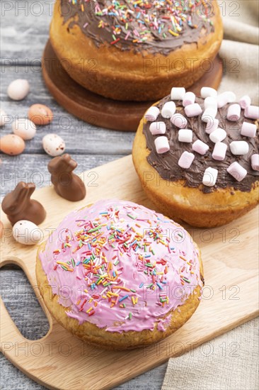 Homemade glazed and decorated easter pies with chocolate eggs and rabbits on a gray wooden