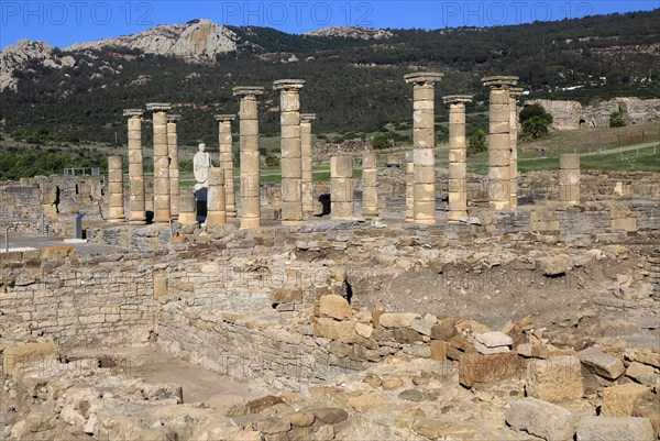 Statue of Emperor Trajan in the forum, Baelo Claudia Roman site, Cadiz Province, Spain, Europe