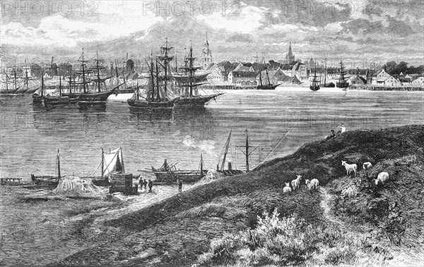 Town view of Klaipeda or Memel with harbour, Baltic Sea, Lithuania, two-master, shipping, churches,