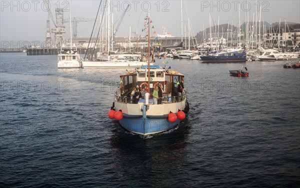 The St Mawes ferry arriving in the harbour, Falmouth, Cornwall, England, UK