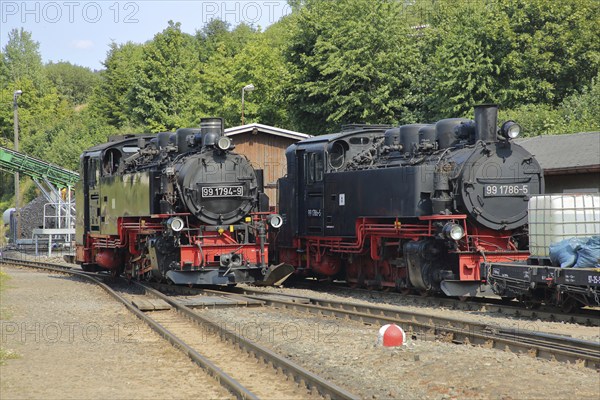 Two steam locomotives of the Fichtelberg railway, steam locomotive, railway station, Cranzahl,