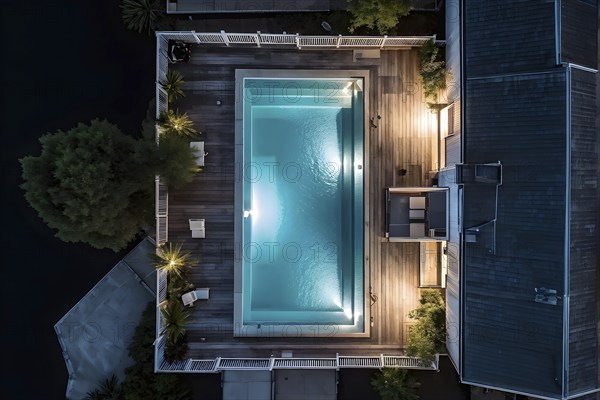 AI generated aerial view perpendicular top down of an wooden deck with a swimming pool at night