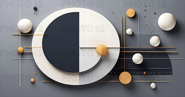 Minimalist composition of overlapping geometric shapes, such as circles, squares, and triangles,