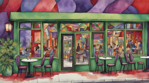 Abstract composition of a cannabis cafe with ambiance bold contrasting colors and playful shapes,