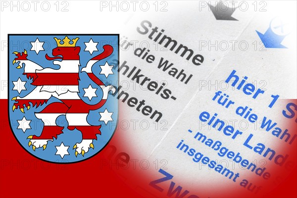 Symbolic image of the state election in Thuringia: Flag of Thuringia and close-up of a ballot paper