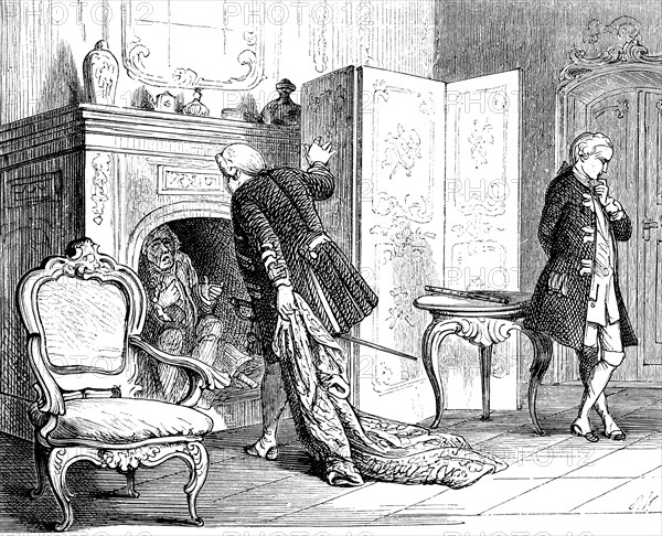 King Frederick William brings flute teacher Quantz out of the fireplace, Crown Prince Frederick