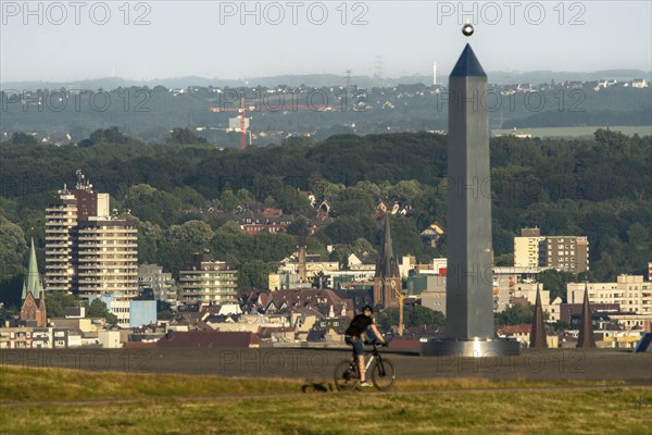 View of the city centre, skyline of Herne, over the Hoheward spoil tip, obelisk of the sundial,
